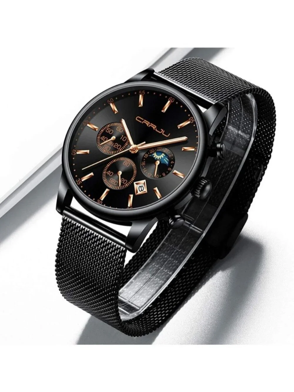 Mens Black Rose Gold Chronograph Waterproof Steel Quartz Mesh Strap Casual Watch